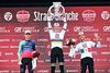 Paul Seixas (Decathlon, stânga), alături de Pogacar și Del Toro, pe podium. Foto: Imago