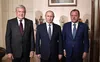 Sandor Csanyi (primul din stânga), apropiat de Vladimir Putin și de Marius Vizer (dreapta), președintele federației internaționale de judo. Poză făcută în 2019. Foto: Imago