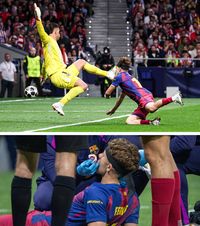 Incident horror    FOTO.  Momentul în care Fermin Lopez   este lovit cu gheata în față   în meciul Atletico - Barcelona. S-a umplut de sânge!