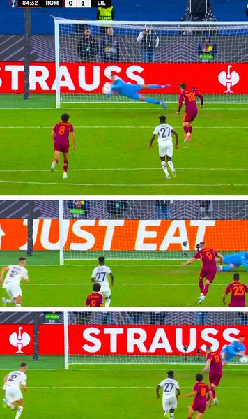 A apărat trei penalty-uri    FOTO.  Scene incredibile în Europa League » Portarul lui Lille   i-a exasperat  pe jucătorii de la AS Roma: „Puteam și a patra oară!”