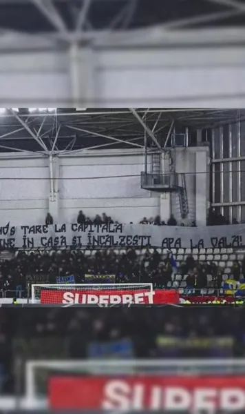 Provincia ironizează Bucureștiul    FOTO:  Banner-ul afișat de ultrașii de la Petrolul, la meciul cu Dinamo:   „Frumos la Capitală...”