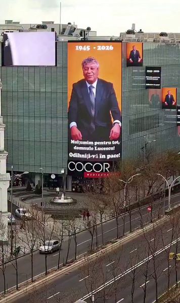 Omagiu pentru Lucescu în centrul Bucureștiului  Imaginile apărute pe   ecranele magazinului Cocor:  „De la kilometrul 0 spre toată lumea fotbalului”