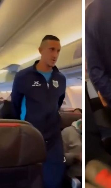 A strigat „Bomba!”    VIDEO.   Un fotbalist a fost scos   în cătușe  din avion: „Ce rușine! Câți ani ai, prietene?!”