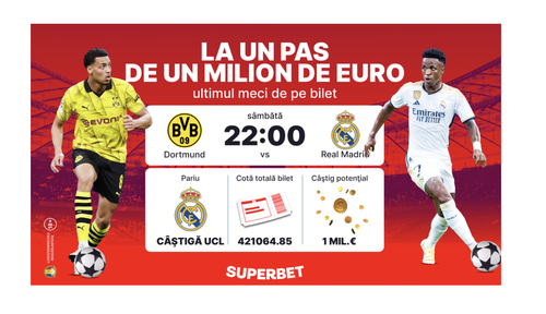 Real Madrid - Dortmund îi poate aduce un milion de euro unui parior Superbet! Vezi biletul fabulos, de cotă 421064.85