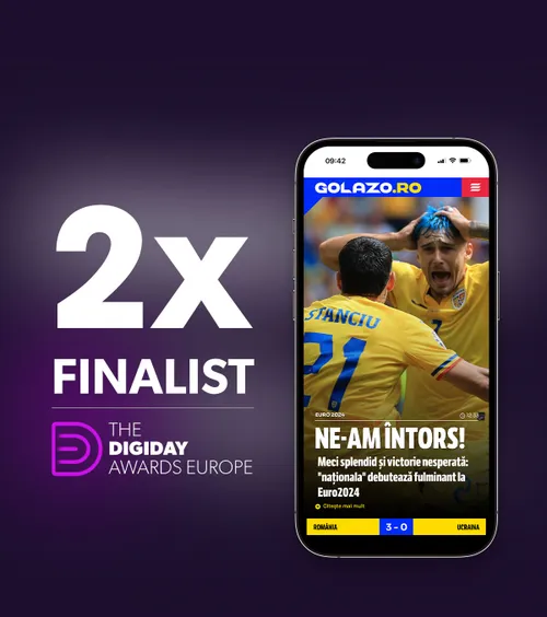 GOLAZO.ro, două finale!   Cel mai spectaculos site de sport  din România este dublu finalist la Digiday Media Awards Europe