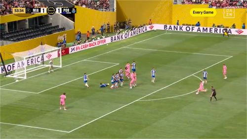Golul înscris de Messi în meciul Inter Miami - Porto 2-1. Foto: Captură, DAZN