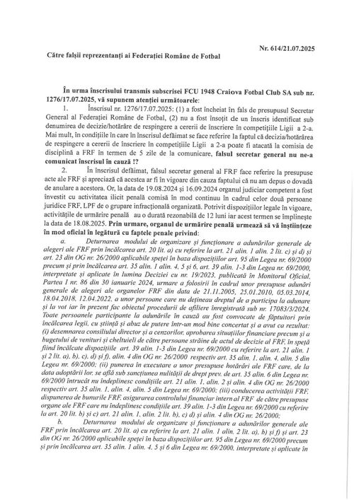 Răspunsul celor de la FCU Craiova pentru FRF. Foto: Facebook, @Fotbal Club Universitatea 1948