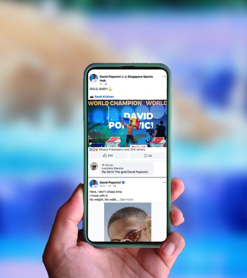 GOLD, BABY!   Aceasta este postarea lui David Popovici pe Facebook, alături de o   fotografie realizată de fotoreporterul GOLAZO.ro, Raed Krishan