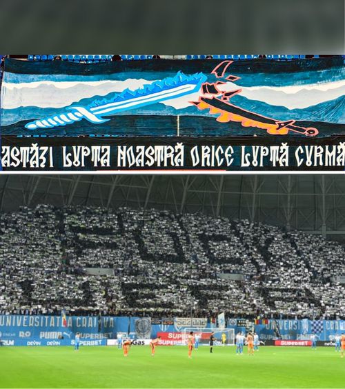 Cum arăta scenografia interzisă de UEFA  Suporterii U Craiova au reacționat dur după decizia forului:   „Mafioți!  Un alt abuz dintr-o serie nesfârșită”