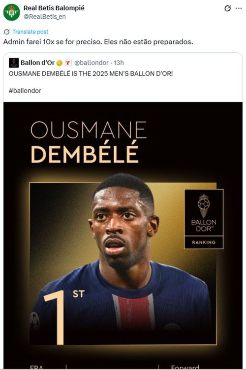 Contul oficial al celor de la Betis l-a ironizat pe Vinicius, clasat al 16-lea la Gala Balonului de Aur 2025