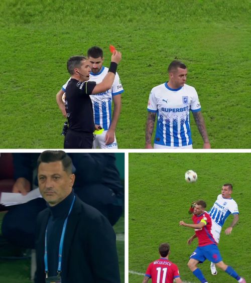 Craiova, al treilea meci cu eliminare    FOTO  Cicâldău a luat „roșu” după ce l-a lovit   cu piciorul în cap  pe Olaru