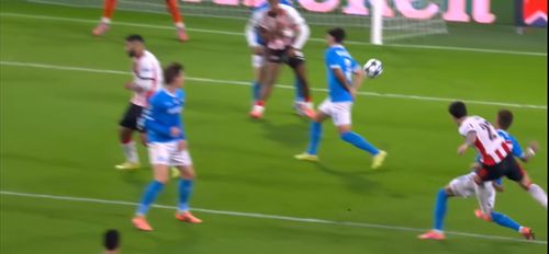 Al doilea gol marcat de Dennis Man în meciul PSV - Napoli 6-2. Foto: Captură, Prima Sport