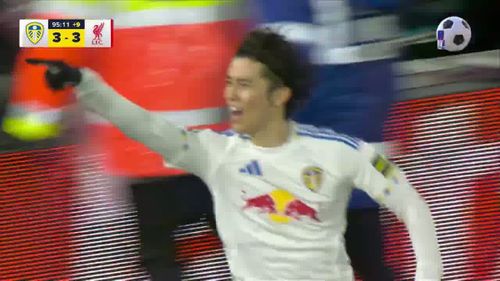 Golul egalizator, marcat de Ao Tanaka în prelunigirile partidei Leeds - Liverpool 3-3. Foto: Captură YouTube, @LeedsUnited