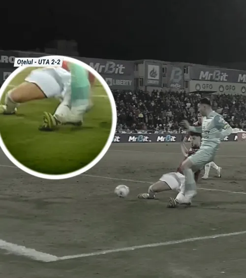 Etapa și scandalul    FOTO:   UTA Arad a cerut   penalty  în finalul meciului cu Oțelul Galați, după un duel Iacob - Roman: „M-a secerat!”