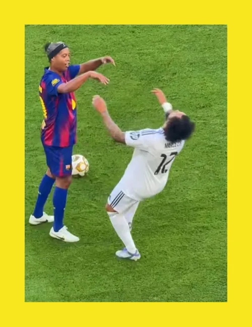 Ronaldinho vs. Marcelo    FOTO:     Tensiunea din El Clasico,  recreată de starurile braziliene care au jucat la Barcelona, respectiv Real Madrid