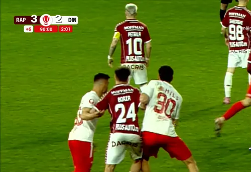 Eliminarea lui Matteo Duțu, în Rapid - Dinamo 3-2. Foto: captură YouTube/Prima Sport