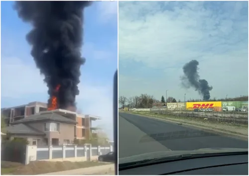 VIDEO | Incendiu violent în Tunari, cu flacără și imensă coloană de fum. Arde un bloc în construcție. ISU BIF intervine inclusiv cu autospecială de salvare la înălțime