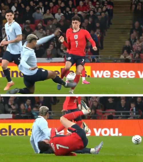 Intrare criminală a lui Araujo!    FOTO:  Fundașul Barcelonei putea   să-i rupă piciorul  lui Foden! » A scăpat nepedepsit, iar englezii au luat foc