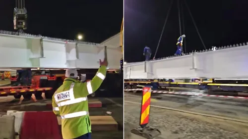 VIDEO | Încă o secțiune a tablierului metalic a ajuns azi-noapte pe șantierul Pasajului Apărătorii Patriei. Când va fi livrată ultima bucată