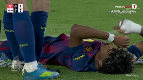 Lamine Yamal s-a accidentat după ce a transformat o lovitură de la 11 metri, în Barcelona - Celta Vigo (captură Prima Sport)