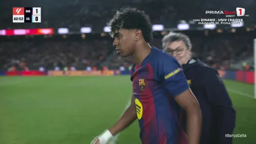 Lamine Yamal s-a accidentat după ce a transformat o lovitură de la 11 metri, în Barcelona - Celta Vigo (captură Prima Sport)