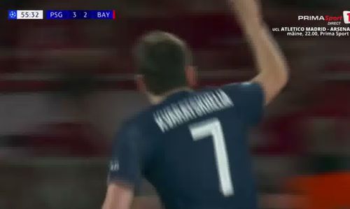 Al doilea gol marcat de Khvicha Kvaratskhelia în meciul PSG - Bayern 5-4. Foto: Captură, Prima Sport
