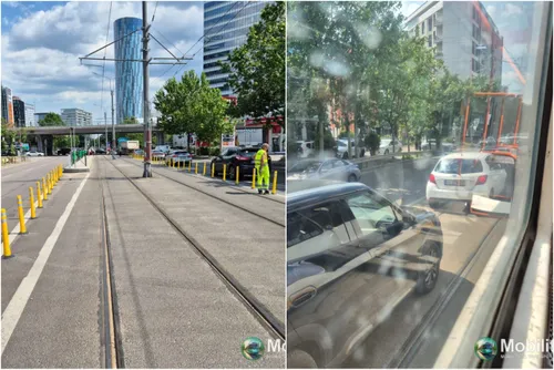 VIDEO | Vestea anului în transportul public din București: se montează stâlpișori pe linia 5, unde tramvaiele sunt veșnic blocate de mașinile care circulă pe șine