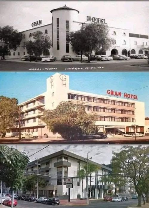 Gran Hotel din Guadalajara, surprins în trei epoci diferite: în anii '50, în perioada Mondialului din 1970 și în prezent (Sursa foto: reproducere după imagini de arhivă)