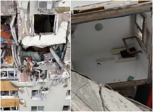 VIDEO | Un tablou căzut și perdele care fâlfâie printre ruine - primele imagini din blocul explodat din Rahova. Constructorul care-l va pune în siguranță a intrat cu drona în apartamente