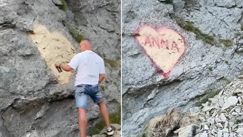 VIDEO | Probabil de frica "Poliției Graffiti",  înființate de dl. Ciucu, un bucureștean s-a dus cu spray-ul pe Transfăgărășan, să-și mâzgălească pe o stâncă iubirea pentru Anna