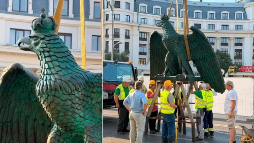 FOTO | Vulturul și cei doi grifoni, montați pe Palatul Universității din București, după o absență de 82 de ani. Întregul fronton al clădirii-monument va fi refăcut