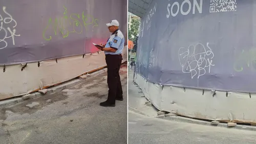 FOTO | Trei tineri, prinși în timp ce desenau graffiti pe o plasă de protecție, pe strada Clemenceanu. Unul dintre ei a încercat să fugă cu o mașină fără plăcuțe de înmatriculare