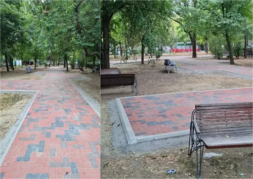 FOTO | Inovația urbanistică "Negoiță" în parcurile din Sectorul 3. Spațiul verde e secerat, să facă loc platforme din, desigur, pavele bicolore. "E și oribil, și periculos"