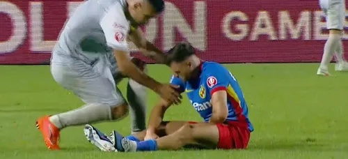 Dennis Politic s-a accidentat în timpul meciului FCSB - UTA 1-3 (FOTO: captură Prima Sport 1)