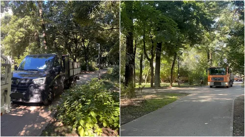 FOTO | Mașini ale unor constructori circulă pe aleile din Parcul Kiseleff. „Nu este stradă și nici drum de șantier”, semnalează un grup civic