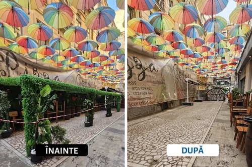 FOTO | A fost demolată terasa unei pizzerii care ocupa, cu mese, cam jumătate din Pasajul Victoria, "la umbrele". Au dispărut și mesele, și verdeața de plastic