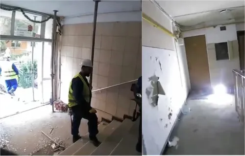 VIDEO | Cum arată, în interior, blocul din Rahova distrus de explozia de acum un an,  unde azi s-au montat primii stâlpi de susținere. Primele imagini de pe scări și holuri rupte