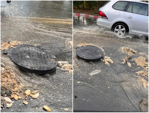 FOTO | Inundație pe Bulevardul Pipera, unde a zburat un capac de canalizare și a refulat apa. București, luna octombrie 2026, o zi cu ploaie obișnuită de toamnă