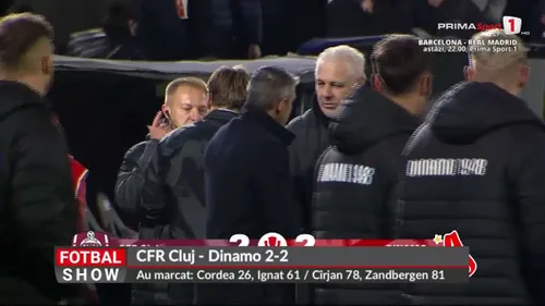 Marius Șumudică și Nuno Campos, schimb de replici la finalul meciului CFR Cluj - Dinamo 2-2, pe 25 octombrie 2026. Foto: captură Prima Sport