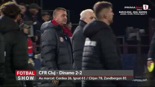 Marius Șumudică și Nuno Campos, schimb de replici la finalul meciului CFR Cluj - Dinamo 2-2, pe 25 octombrie 2026. Foto: captură Prima Sport