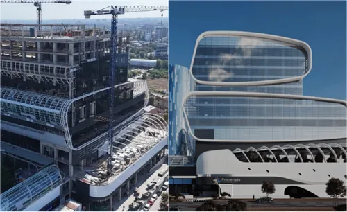 FOTO | Cum se vede de sus Promenada Mall, acum în plin proces de extindere și-n sus, și-n jos. Va avea 11 etaje și  cea mai mare parcare subterană din țară: 1600 de locuri pe  7 niveluri