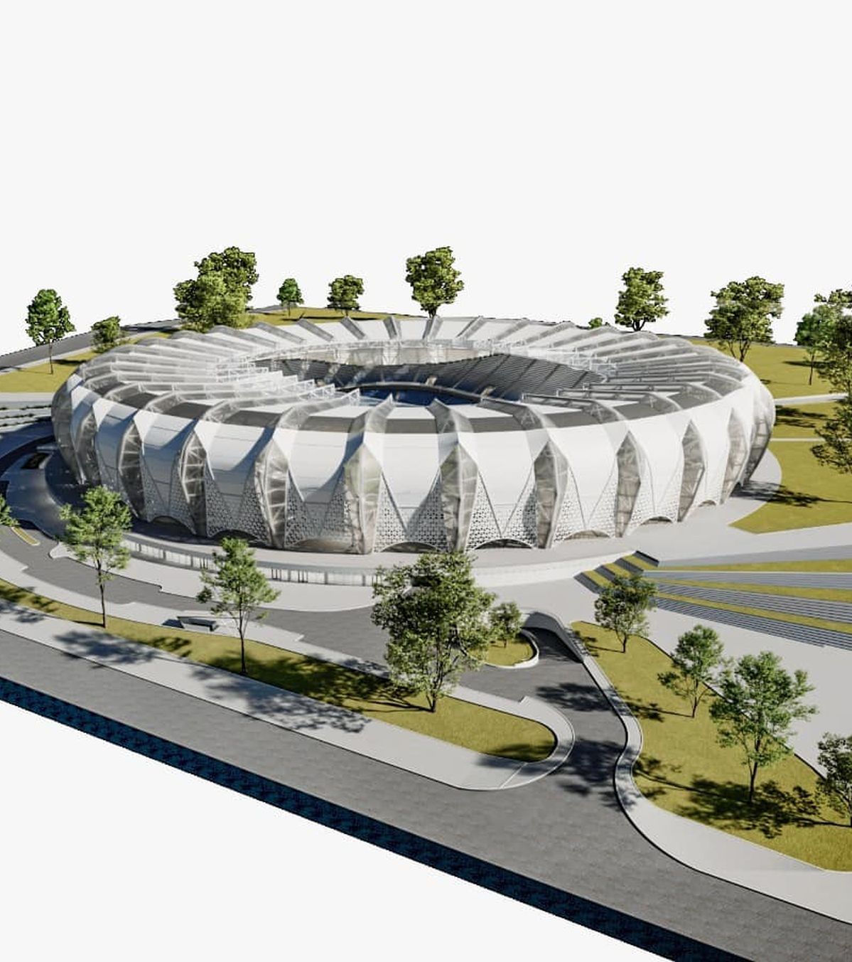 Randare a viitorului stadion Regele Ferdinand I din Iași, cu fațada în opt lamele inspirate de coroana regală