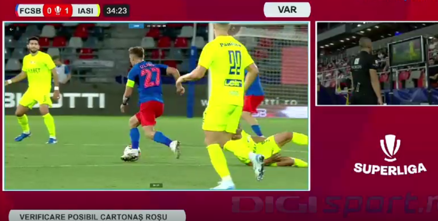 Darius Olaru, eliminat în FCSB - Poli Iași. Foto: captură DigiSport