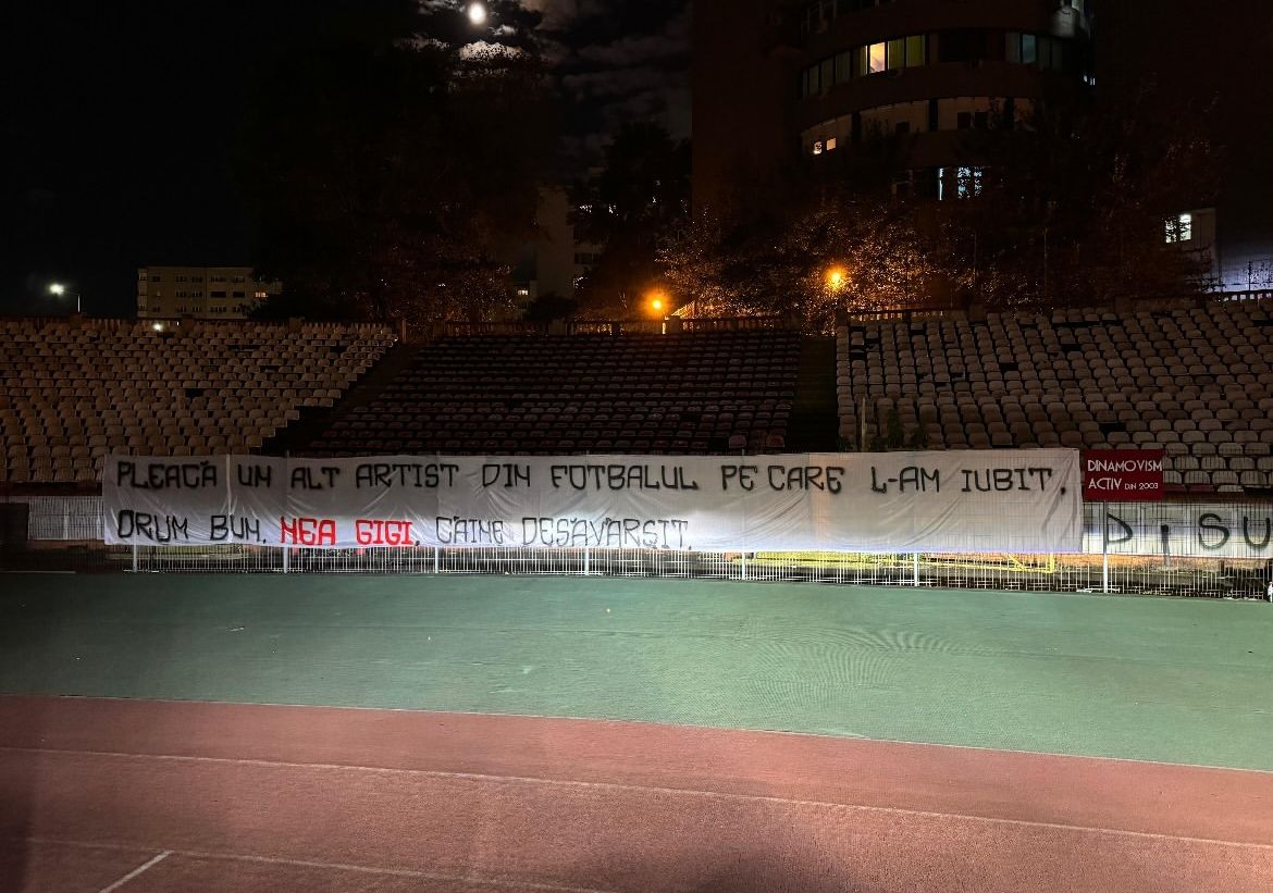 „Pleacă un alt artist din fotbalul pe care l-am iubit. Drum bun, nea Gigi, câine desăvârșit” - Banner al Peluzei Sud Dinamo, azi, la stadion