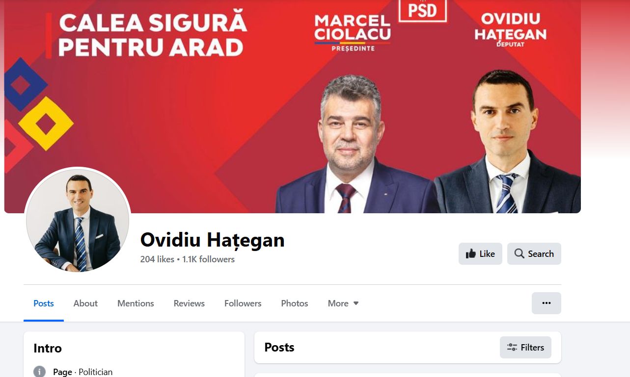 Așa arată pagina de Facebook a lui Ovidiu Hațegan