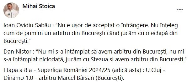 MM Stoica a revenit ulterior pe Facebook cu o postare în care le-a amintit clujenilor că i-a arbitrat un bucureștean și cu Dinamo, sezonul acesta