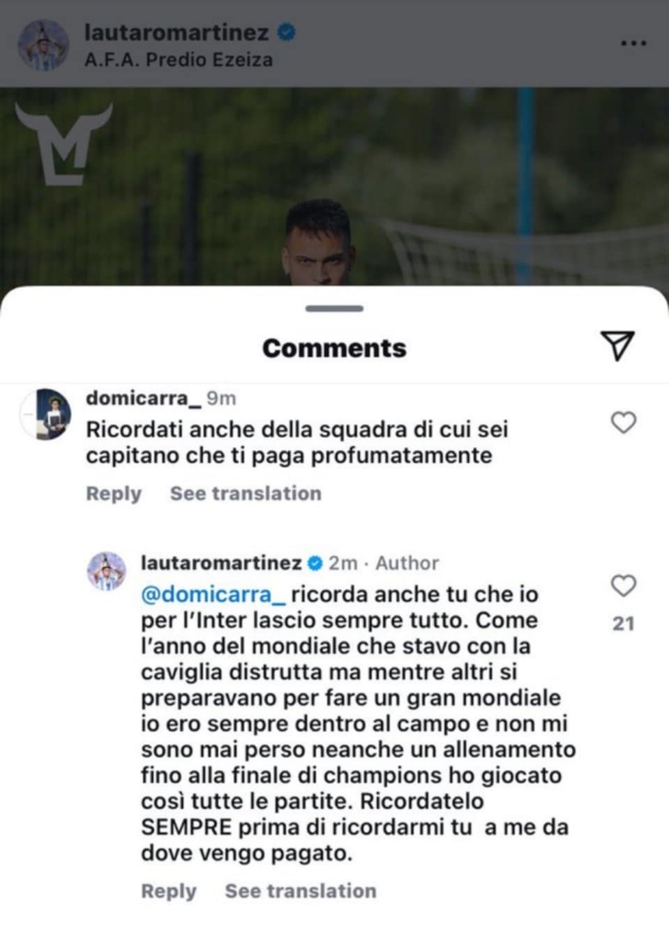 Răspunsul lui Lautaro Martinez. FOTO: captură Instagram