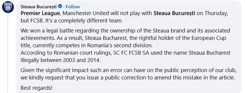 Steaua vs. FCSB Clubul armatei cere Premier League să-și  „corecteze greșeala” , după ce un cont oficial a anunțat că Manchester United va juca cu Steaua