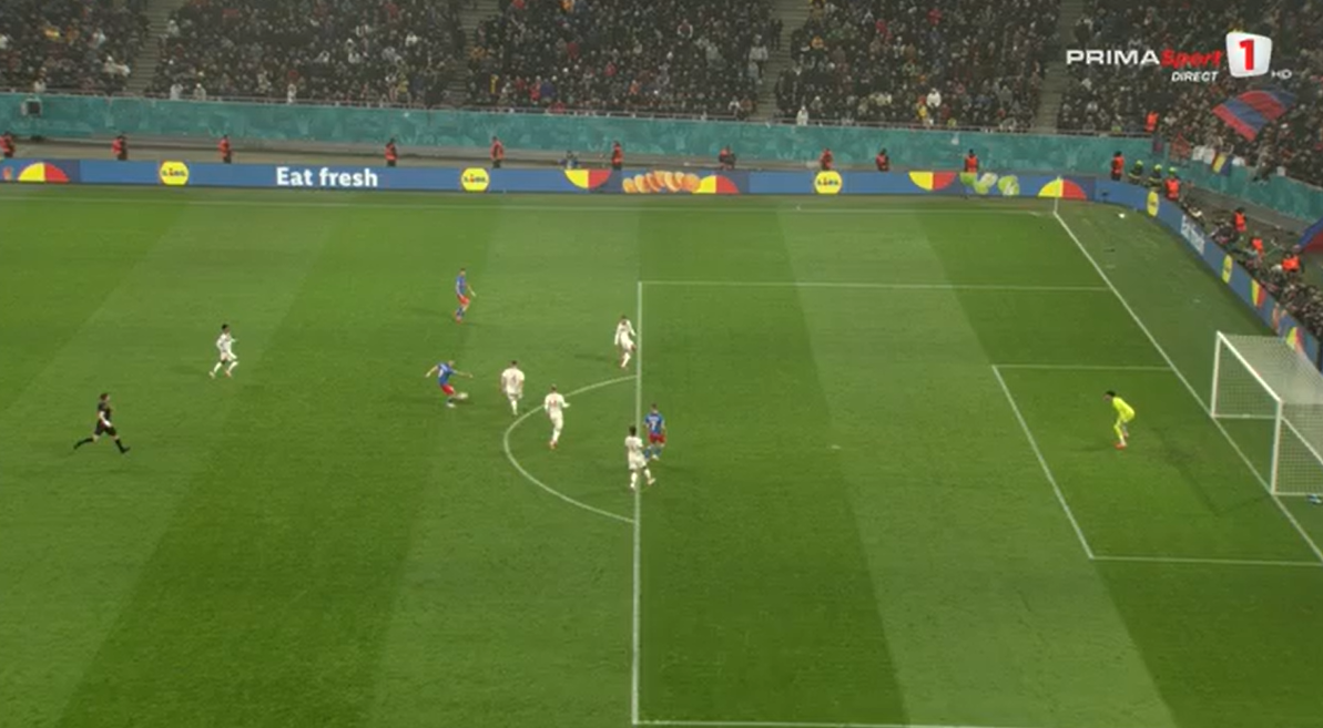 Ratare Bîrligea. FCSB - Manchester United/ Foto: Captură Prima Sport