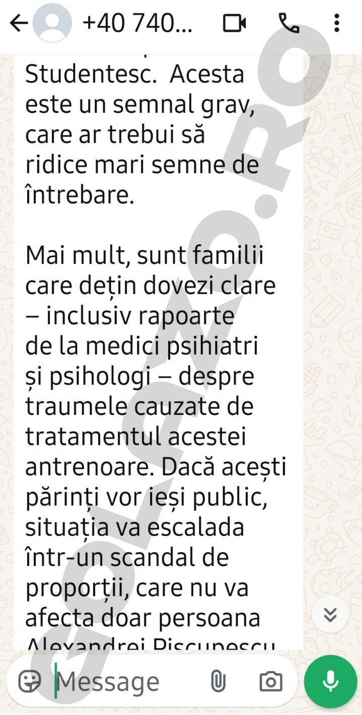 Prima parte a mesajului anonim trimis Gabrielei Mitroi, în care se vorbește despre "rapoarte de la medici psihiatri și psihologi".